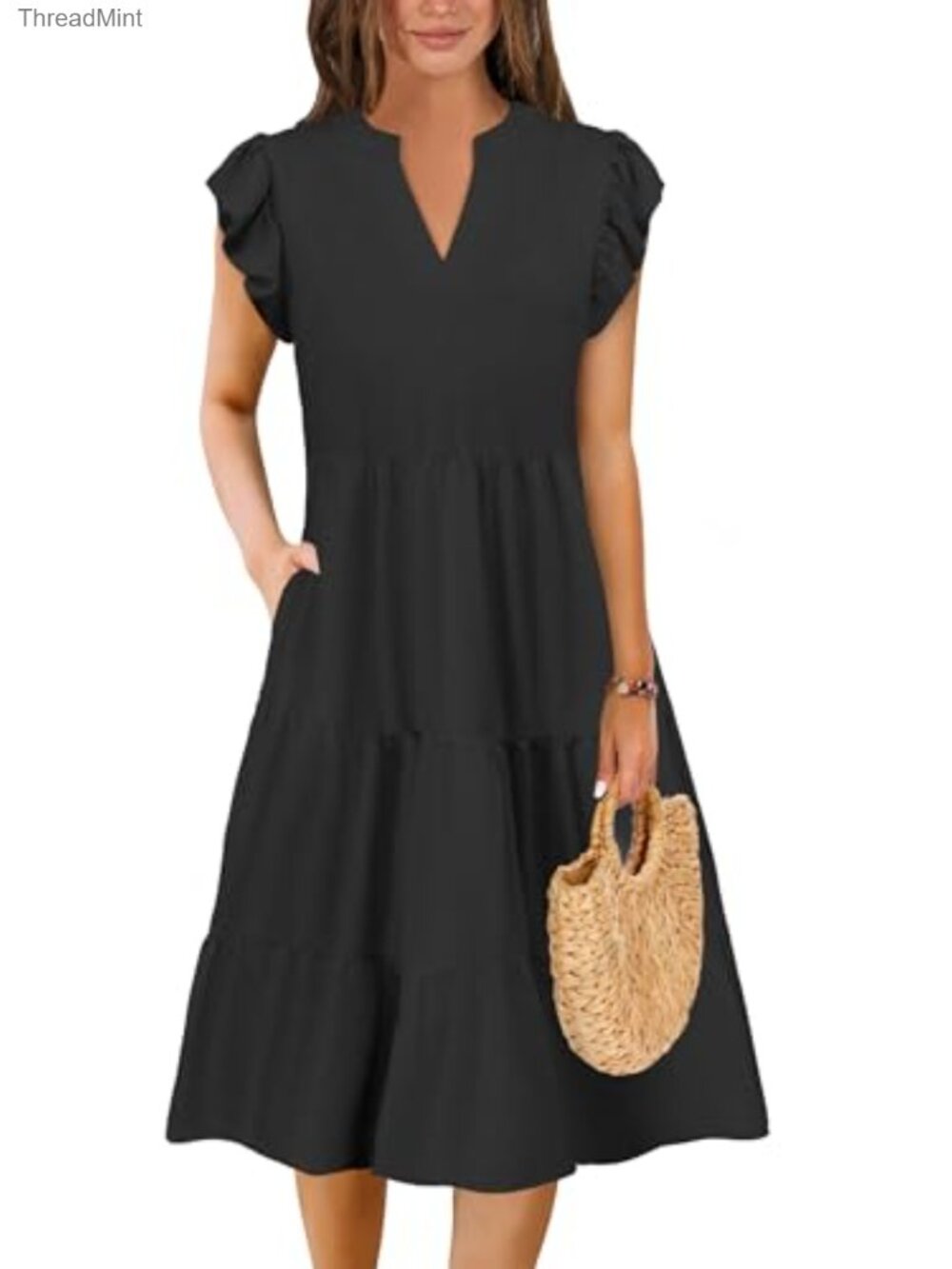 Women Midi Dress Tiered A-Line Flutter Sleeve V-Neck Side Pockets Casual Spring